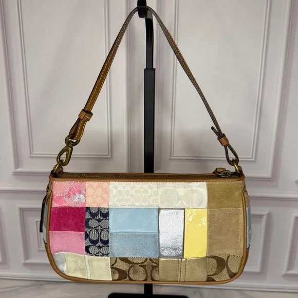 Coach Multicolor Patchwork Shoulder Bag with Tan Leather Trim | Y2K - Picture 2 of 11